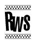 The image is a black and white clipart of the text Rws in a bold, italicized font. The text is bordered by a dotted line on the top and bottom, and there are checkered flags positioned at both ends of the text, usually associated with racing or finishing lines.