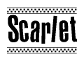 The image is a black and white clipart of the text Scarlet in a bold, italicized font. The text is bordered by a dotted line on the top and bottom, and there are checkered flags positioned at both ends of the text, usually associated with racing or finishing lines.