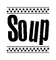 The image is a black and white clipart of the text Soup in a bold, italicized font. The text is bordered by a dotted line on the top and bottom, and there are checkered flags positioned at both ends of the text, usually associated with racing or finishing lines.
