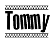 The image contains the text Tommy in a bold, stylized font, with a checkered flag pattern bordering the top and bottom of the text.