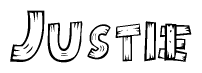 The clipart image shows the name Justie stylized to look like it is constructed out of separate wooden planks or boards, with each letter having wood grain and plank-like details.