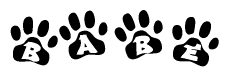 The image shows a series of animal paw prints arranged horizontally. Within each paw print, there's a letter; together they spell Babe