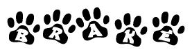 The image shows a row of animal paw prints, each containing a letter. The letters spell out the word Brake within the paw prints.