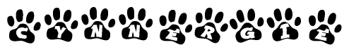 The image shows a row of animal paw prints, each containing a letter. The letters spell out the word Cynnergie within the paw prints.