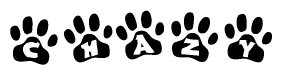The image shows a row of animal paw prints, each containing a letter. The letters spell out the word Chazy within the paw prints.