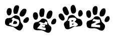 The image shows a series of animal paw prints arranged in a horizontal line. Each paw print contains a letter, and together they spell out the word Debz.