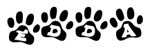 The image shows a row of animal paw prints, each containing a letter. The letters spell out the word Edda within the paw prints.