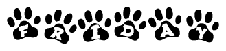 The image shows a series of animal paw prints arranged in a horizontal line. Each paw print contains a letter, and together they spell out the word Friday.