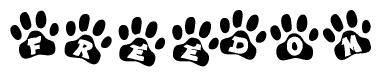 The image shows a series of animal paw prints arranged in a horizontal line. Each paw print contains a letter, and together they spell out the word Freedom.