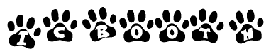 The image shows a series of animal paw prints arranged horizontally. Within each paw print, there's a letter; together they spell Icbooth