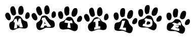 The image shows a series of animal paw prints arranged in a horizontal line. Each paw print contains a letter, and together they spell out the word Matilde.