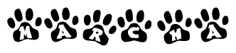 The image shows a series of animal paw prints arranged in a horizontal line. Each paw print contains a letter, and together they spell out the word Marcha.
