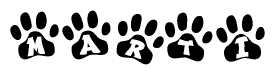 The image shows a series of animal paw prints arranged horizontally. Within each paw print, there's a letter; together they spell Marti
