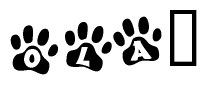 The image shows a series of animal paw prints arranged in a horizontal line. Each paw print contains a letter, and together they spell out the word Ola.
