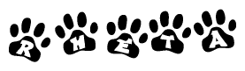 The image shows a row of animal paw prints, each containing a letter. The letters spell out the word Rheta within the paw prints.