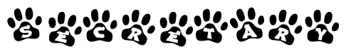 The image shows a series of animal paw prints arranged in a horizontal line. Each paw print contains a letter, and together they spell out the word Secretary.
