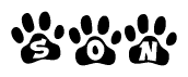 The image shows a series of animal paw prints arranged in a horizontal line. Each paw print contains a letter, and together they spell out the word Son.