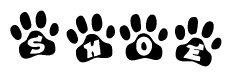 The image shows a series of animal paw prints arranged horizontally. Within each paw print, there's a letter; together they spell Shoe