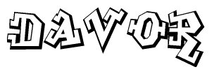 The image is a stylized representation of the letters Davor designed to mimic the look of graffiti text. The letters are bold and have a three-dimensional appearance, with emphasis on angles and shadowing effects.