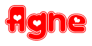 The image displays the word Agne written in a stylized red font with hearts inside the letters.