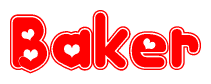 The image is a red and white graphic with the word Baker written in a decorative script. Each letter in  is contained within its own outlined bubble-like shape. Inside each letter, there is a white heart symbol.