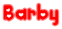 The image is a red and white graphic with the word Barby written in a decorative script. Each letter in  is contained within its own outlined bubble-like shape. Inside each letter, there is a white heart symbol.