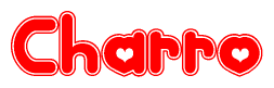 The image is a clipart featuring the word Charro written in a stylized font with a heart shape replacing inserted into the center of each letter. The color scheme of the text and hearts is red with a light outline.