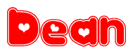 The image is a red and white graphic with the word Dean written in a decorative script. Each letter in  is contained within its own outlined bubble-like shape. Inside each letter, there is a white heart symbol.