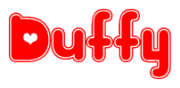 The image is a red and white graphic with the word Duffy written in a decorative script. Each letter in  is contained within its own outlined bubble-like shape. Inside each letter, there is a white heart symbol.