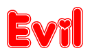 The image is a clipart featuring the word Evil written in a stylized font with a heart shape replacing inserted into the center of each letter. The color scheme of the text and hearts is red with a light outline.