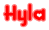The image is a red and white graphic with the word Hyla written in a decorative script. Each letter in  is contained within its own outlined bubble-like shape. Inside each letter, there is a white heart symbol.