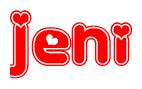 The image is a clipart featuring the word Jeni written in a stylized font with a heart shape replacing inserted into the center of each letter. The color scheme of the text and hearts is red with a light outline.