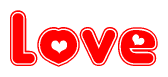 The image is a red and white graphic with the word Love written in a decorative script. Each letter in  is contained within its own outlined bubble-like shape. Inside each letter, there is a white heart symbol.