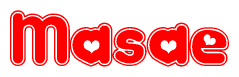 The image is a red and white graphic with the word Masae written in a decorative script. Each letter in  is contained within its own outlined bubble-like shape. Inside each letter, there is a white heart symbol.