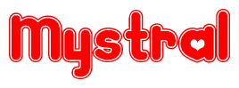 The image is a clipart featuring the word Mystral written in a stylized font with a heart shape replacing inserted into the center of each letter. The color scheme of the text and hearts is red with a light outline.