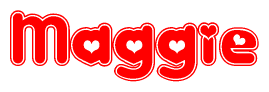 The image is a red and white graphic with the word Maggie written in a decorative script. Each letter in  is contained within its own outlined bubble-like shape. Inside each letter, there is a white heart symbol.