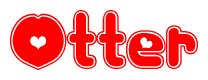 The image is a red and white graphic with the word Otter written in a decorative script. Each letter in  is contained within its own outlined bubble-like shape. Inside each letter, there is a white heart symbol.