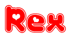 The image is a red and white graphic with the word Rex written in a decorative script. Each letter in  is contained within its own outlined bubble-like shape. Inside each letter, there is a white heart symbol.