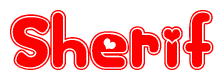 The image is a red and white graphic with the word Sherif written in a decorative script. Each letter in  is contained within its own outlined bubble-like shape. Inside each letter, there is a white heart symbol.