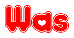The image is a clipart featuring the word Was written in a stylized font with a heart shape replacing inserted into the center of each letter. The color scheme of the text and hearts is red with a light outline.