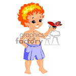 The clipart image depicts a young child with curly red hair wearing blue shorts. The child is smiling and looking at a butterfly that has landed on their extended finger.