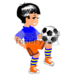 The image is a clipart of a young boy holding a soccer ball. He is wearing a blue and purple striped shirt, orange shorts, and striped blue and yellow socks. His sneakers are orange, and he has black hair. The boy appears to be standing in a playful pose as if he's about to kick or play with the soccer ball.