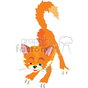 The clipart image depicts an orange kitten with a playful expression, stretching its back upwards in a curved position which cats often do. The kitten has its head tilted forward with big eyes and whiskers, looking straight ahead.