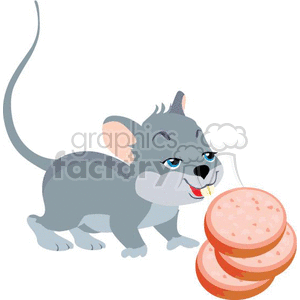 The clipart image shows a cartoon mouse standing next to a stack of three slices of what appears to be sausage, salami, or pepperoni. The mouse has a whimsical expression, with its tongue sticking out slightly, giving an impression that it's savoring the flavor or anticipating eating the meat slices. The mouse is depicted in shades of gray with details such as large eyes and a long, thin tail.