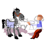 The clipart image depicts a person with brown hair wearing a white shirt and red pants, holding the reins of a gray horse with a black mane and tail. The person appears to be trying to encourage the horse to move forward 