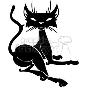 The image is a black and white clipart of a stylized cat that may be associated with Halloween themes due to its somewhat sinister appearance. The cat has prominent whiskers, pointed ears, and an exaggeratedly arched back, which often symbolizes a scared or aggressive feline. The design is simplified and bold, suitable for vinyl cutting or signage.