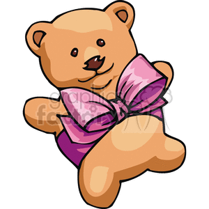 Cute teddy bear with a pink bow around it.