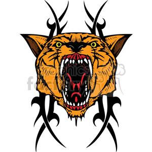 The image features a stylized depiction of a tiger's head, designed with bold lines and shapes that give it a graphic, tattoo-like appearance. The tiger has an aggressive expression with an open mouth, bared teeth, and intense eyes. Surrounding the tiger's face are abstract decorative elements that resemble tribal or gothic styling, suitable for use as a vinyl cutter design, a tattoo, or a graphic element for signage.