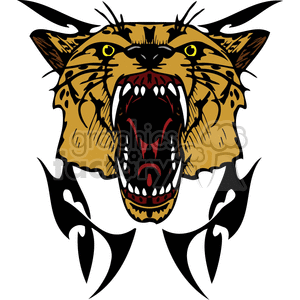 This clipart image features a stylized depiction of a roaring tiger's head, designed with strong black outlines and simplified colored areas in yellow, black, and red. The tiger is drawn with an open mouth showing teeth, evoking a sense of aggression or ferocity. Its eyes and facial features are marked by bold lines, creating a dramatic tattoo-like appearance. The image appears to be designed for ease of use with vinyl cutting or similar graphic applications suitable for signage or decals.