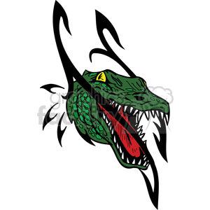 The clipart image shows a stylized design of an alligator or crocodile head with an open mouth, revealing sharp teeth. It is a graphic representation with bold lines, and distinct colors such as green for the skin, red for the inside of the mouth, and a yellow eye. The design is likely intended for use as a vinyl decal, tattoo, or graphic element for various applications.